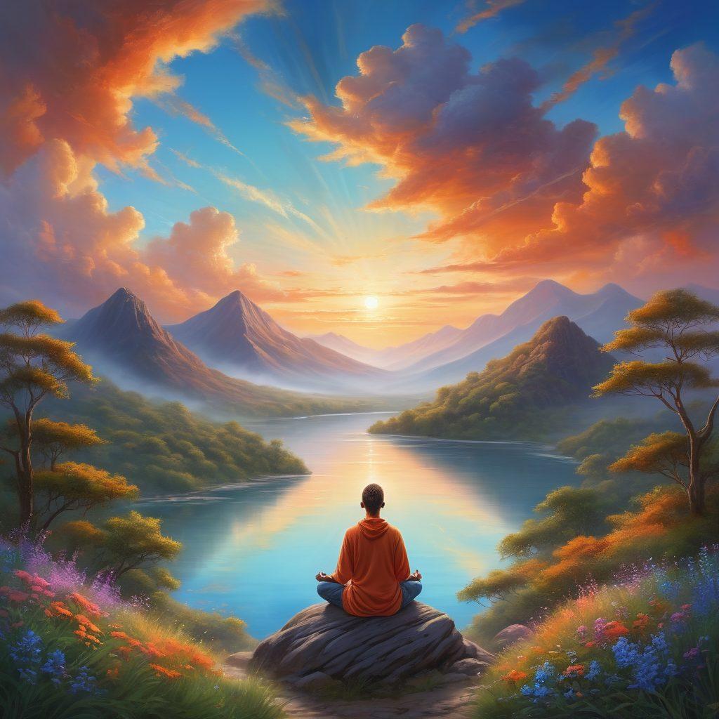 A serene landscape featuring a person meditating on a mountaintop at sunrise, surrounded by lush greenery and shimmering clouds, symbolizing tranquility and emotional strength. Elements of nature, like blossoming flowers and calming waters, enhance the theme of self-improvement and contentment. The sky transitions from soft pastels to vibrant oranges and blues, representing hope and renewal. super-realistic. vibrant colors. tranquil atmosphere.