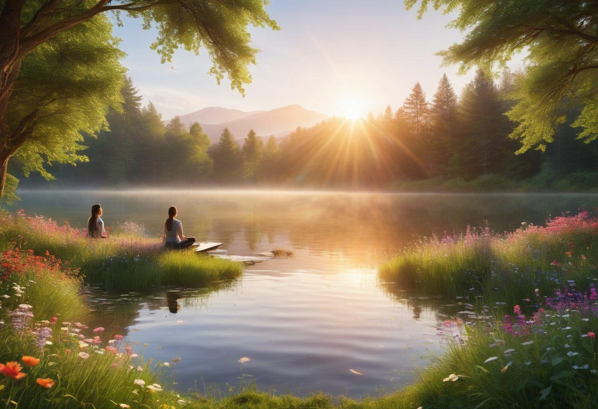 A serene landscape featuring a tranquil sunrise over a calm lake, where a diverse group of people are engaged in mindfulness practices such as meditation and yoga on bright, soft mats. Surrounding them are blooming flowers and lush greenery, symbolizing growth and well-being. Ethereal light rays shine through, creating a halo effect around the participants, enhancing the feeling of joy and peace. super-realistic. vibrant colors. peaceful atmosphere.