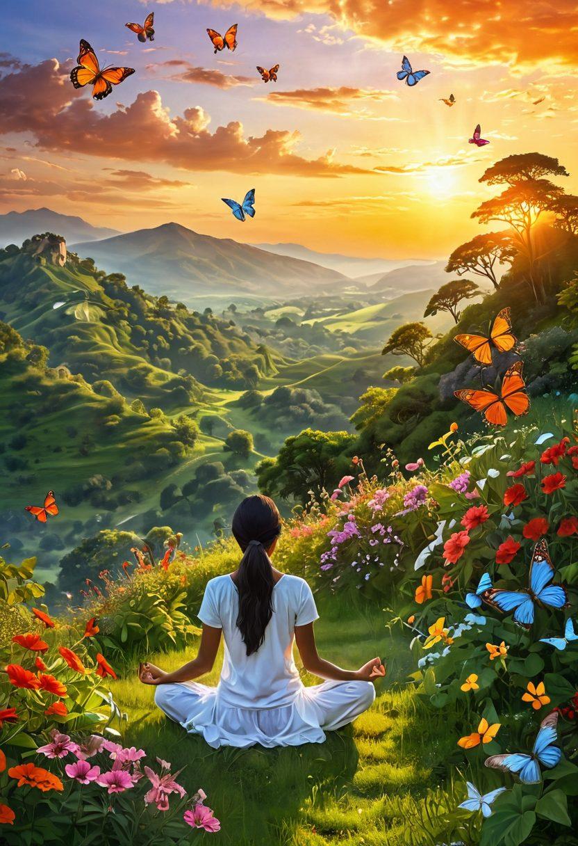 A serene landscape featuring a radiant sunrise, symbolizing joy and positivity, with vibrant flowers blooming in the foreground. A person joyfully meditating on a hillside, surrounded by lush greenery and butterflies, illustrating the essence of well-being. Soft, warm colors to evoke a feeling of happiness and tranquility. super-realistic. vibrant colors. dreamy atmosphere.